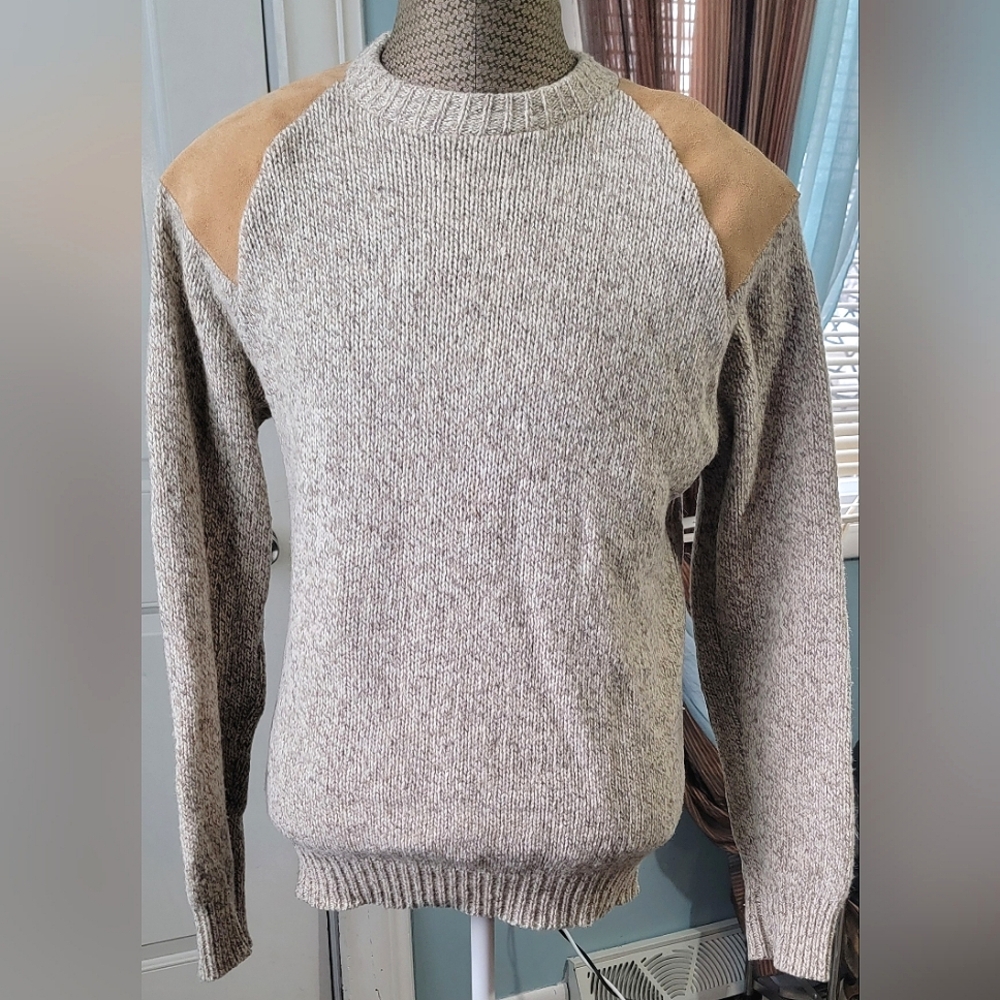 Vintg Early 80s Sweater Mens L Oatmeal Tan w/ Leather Patches Wool Blend US Made